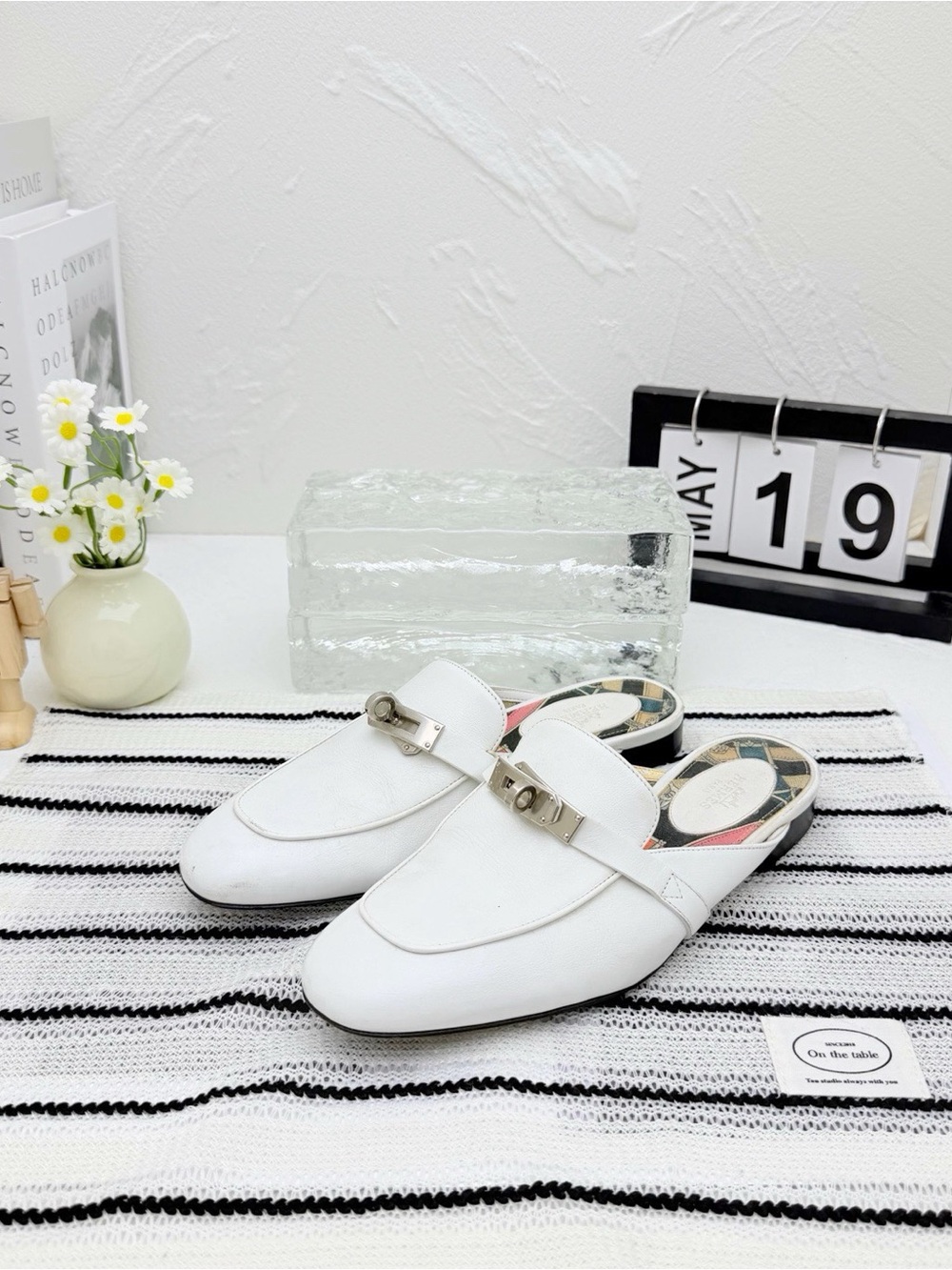 Hermes White Leather Backless Mule Loafers with Metal Bit